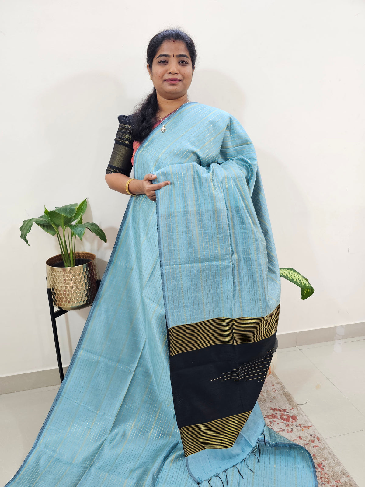 Semi Raw Silk Saree - Pastel Blue with Black