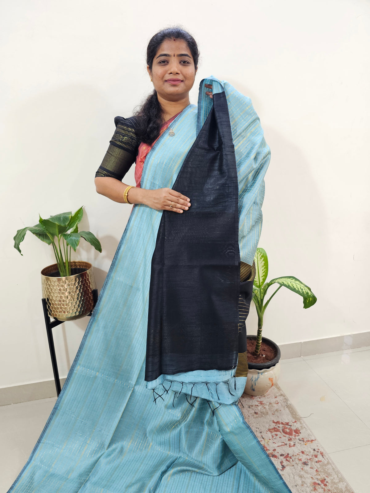 Semi Raw Silk Saree - Pastel Blue with Black