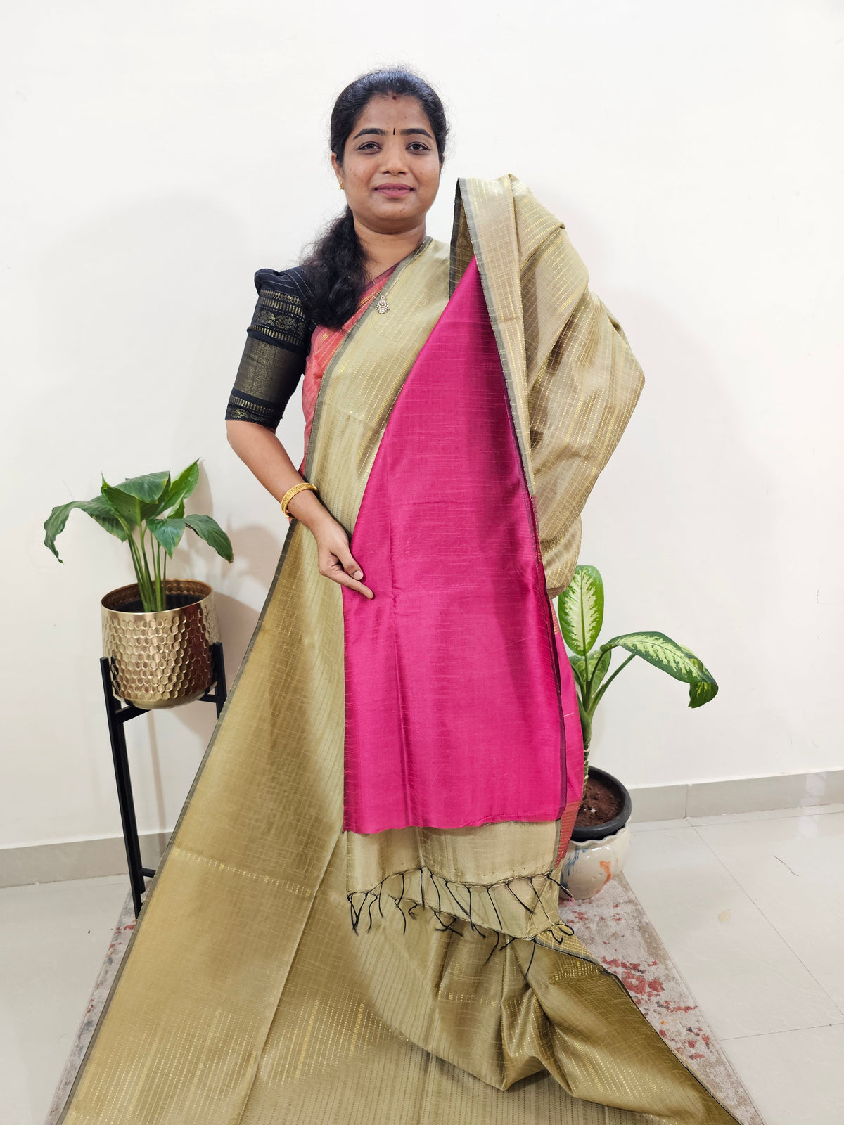 Semi Raw Silk Saree - Beige with Pink