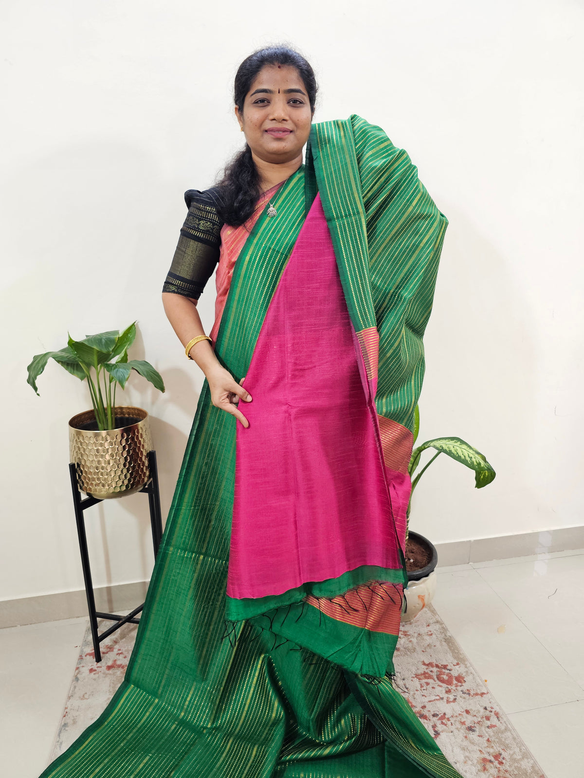 Semi Raw Silk Saree - Green with Pink