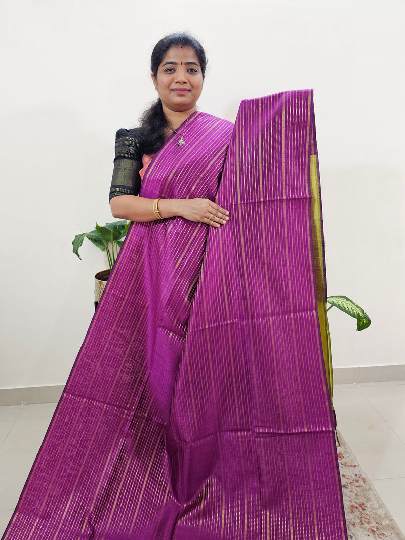 Semi Raw Silk Saree - Magenta Pink with Lime Yellow