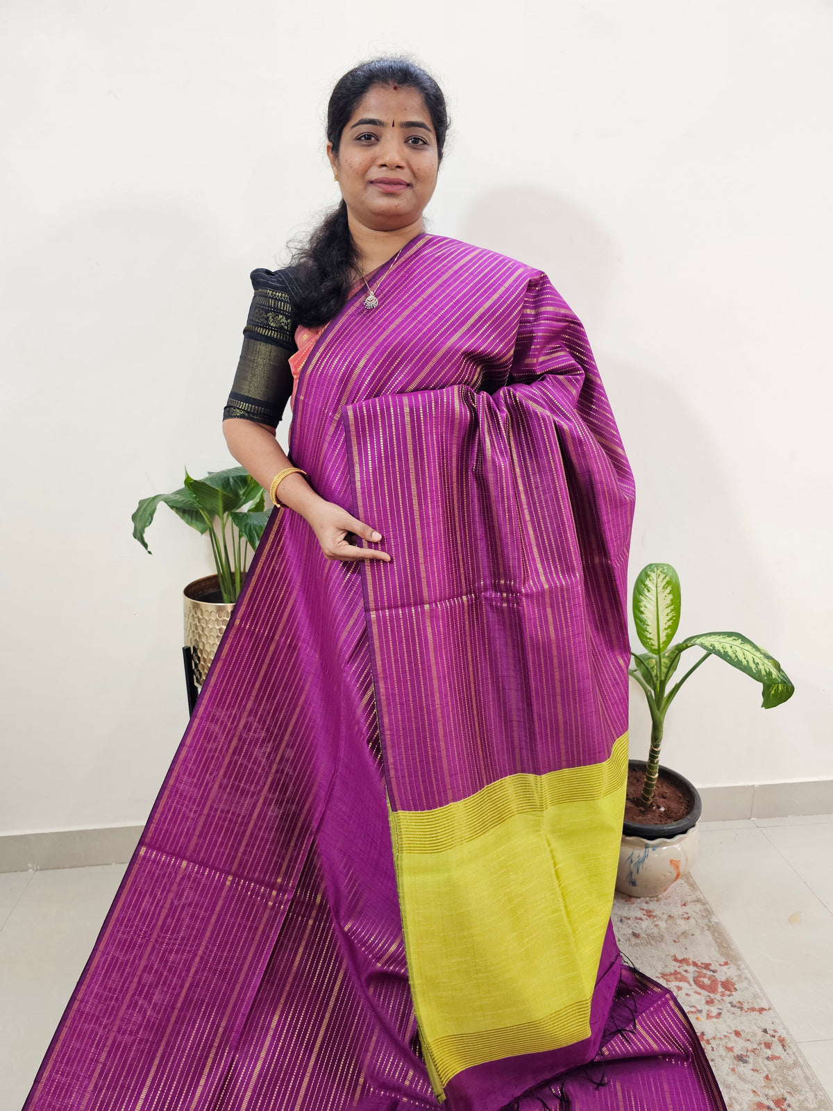 Semi Raw Silk Saree - Magenta Pink with Lime Yellow