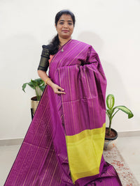 Semi Raw Silk Saree - Magenta Pink with Lime Yellow