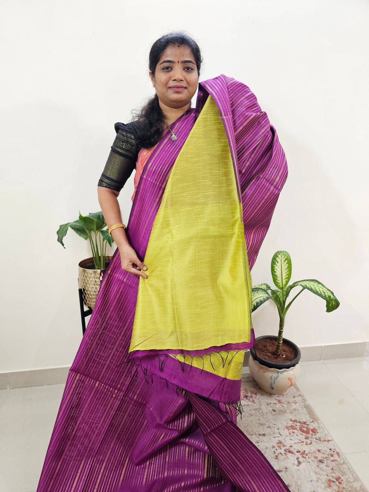 Semi Raw Silk Saree - Magenta Pink with Lime Yellow