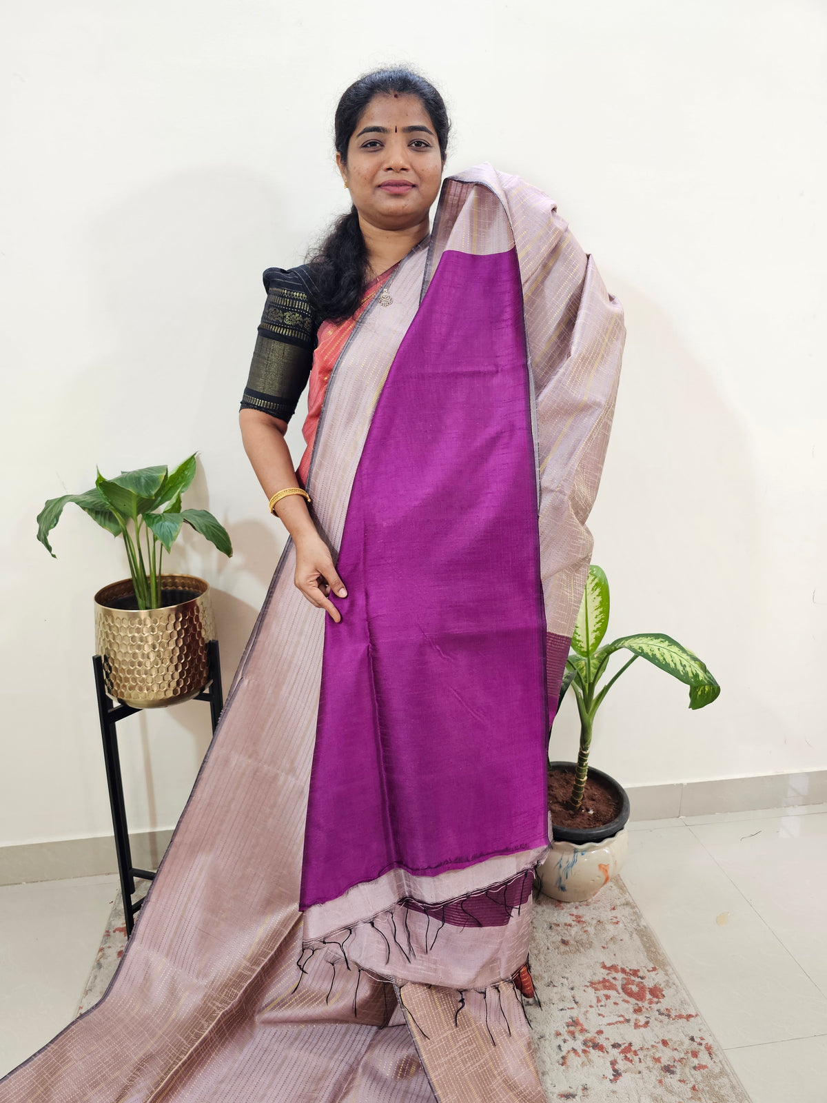 Semi Raw Silk Saree - Onion Pink with Magenta Pink