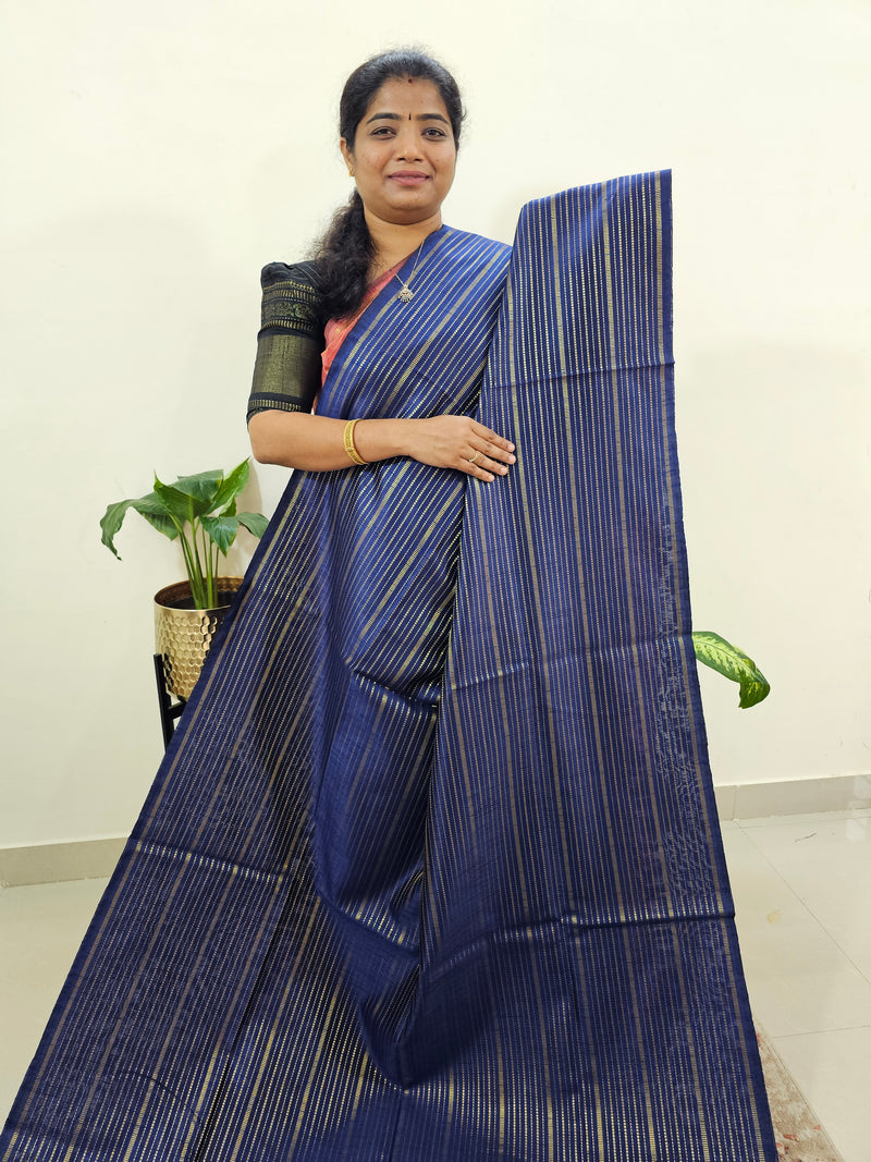 Semi Raw Silk Saree - Dark Blue with Pink
