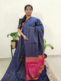 Semi Raw Silk Saree - Dark Blue with Pink