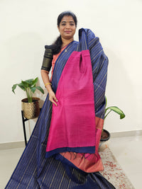 Semi Raw Silk Saree - Dark Blue with Pink