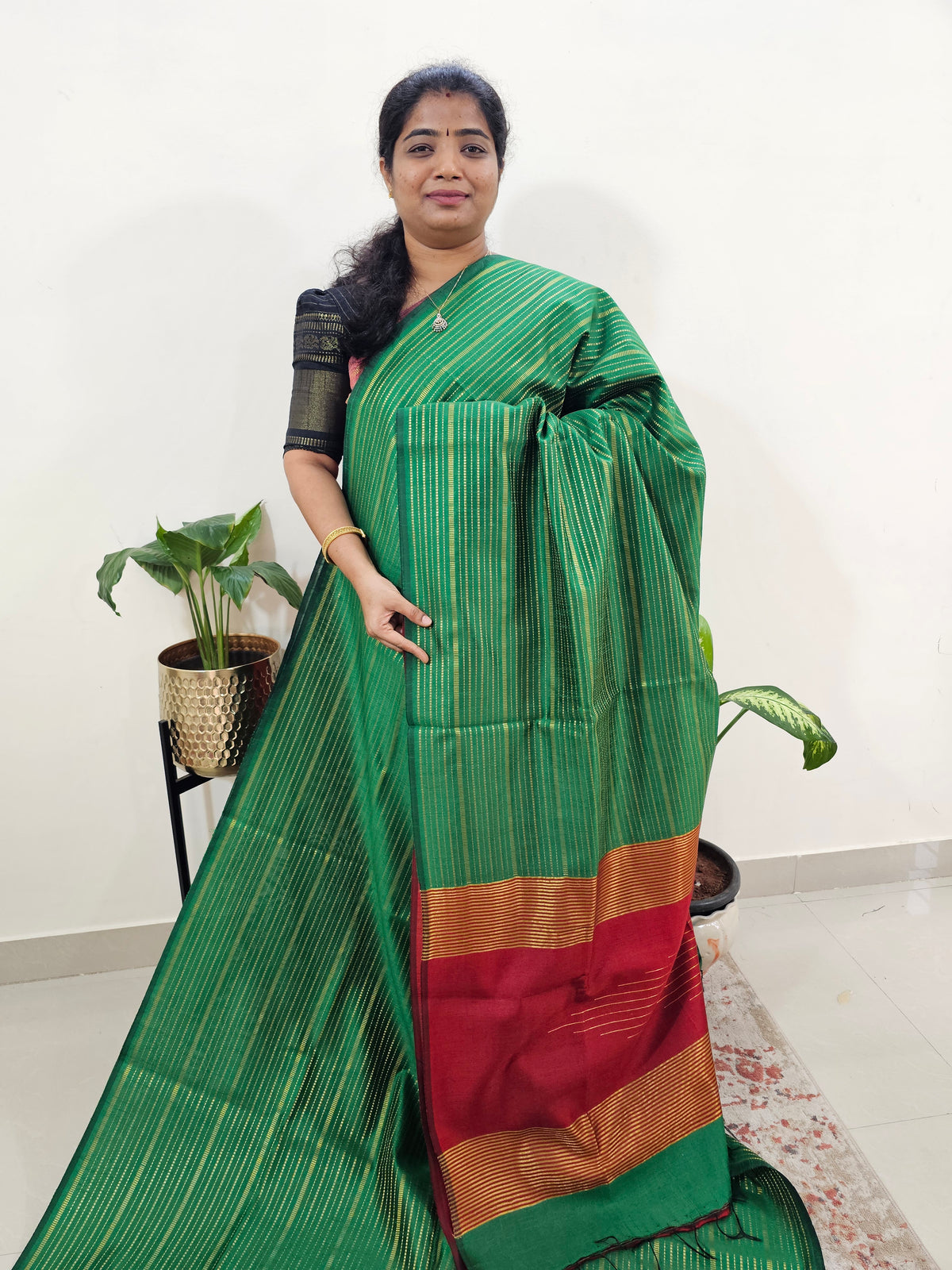Semi Raw Silk Saree - Green with Red