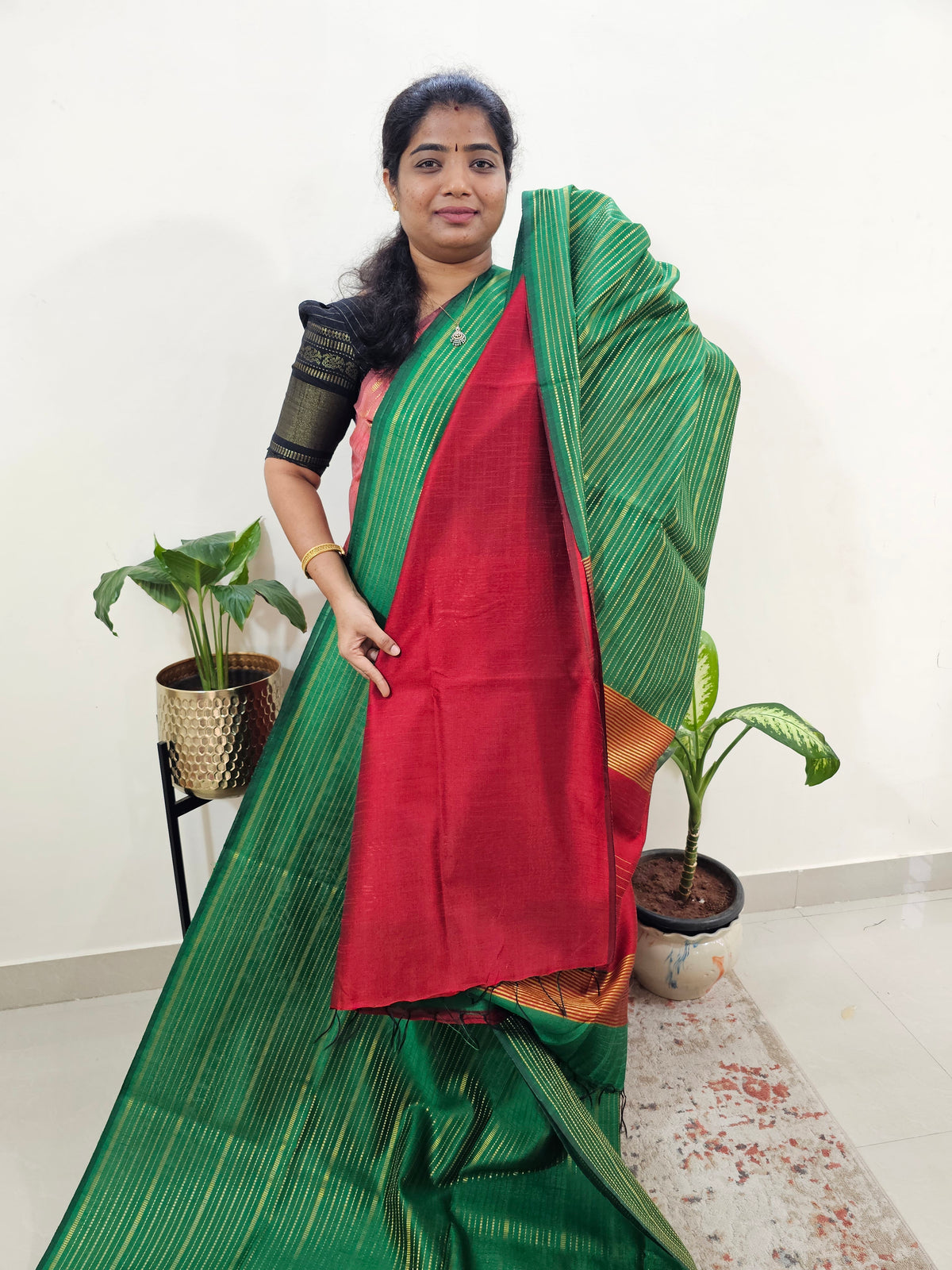Semi Raw Silk Saree - Green with Red