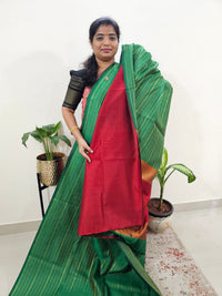 Semi Raw Silk Saree - Green with Red