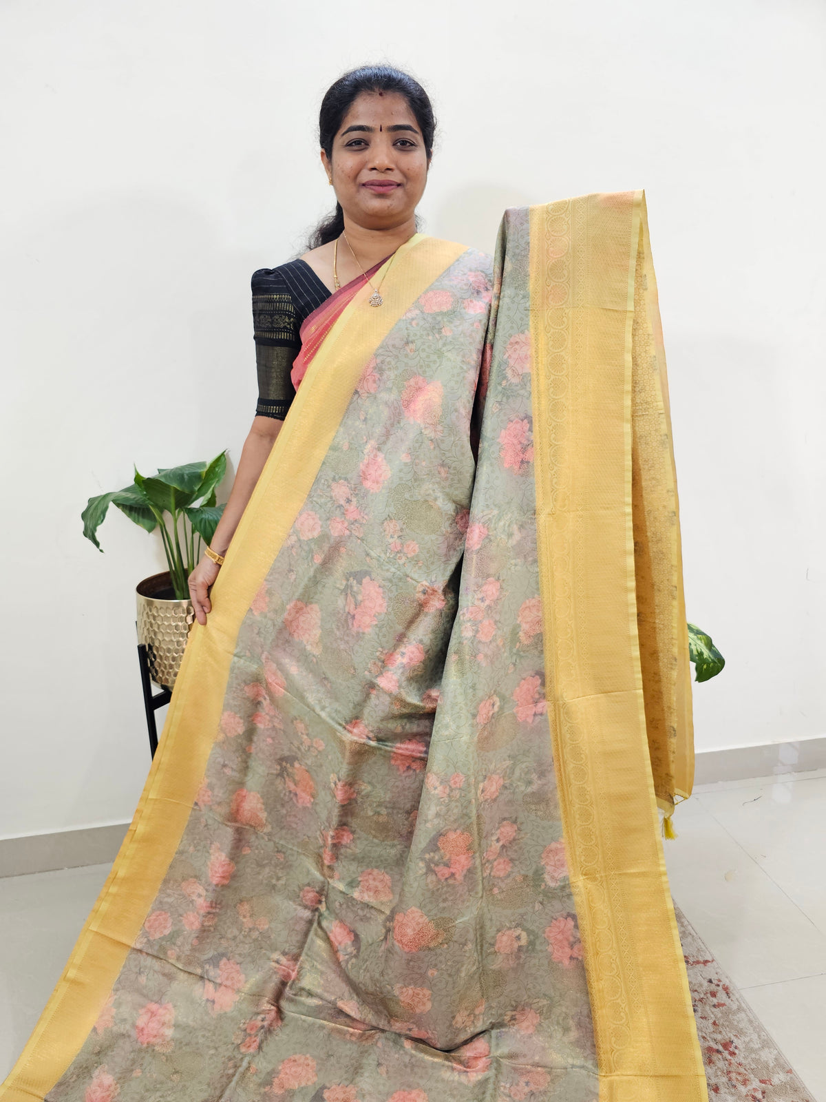 Semi Banarasi Soft Silk Saree - Green with Yellow