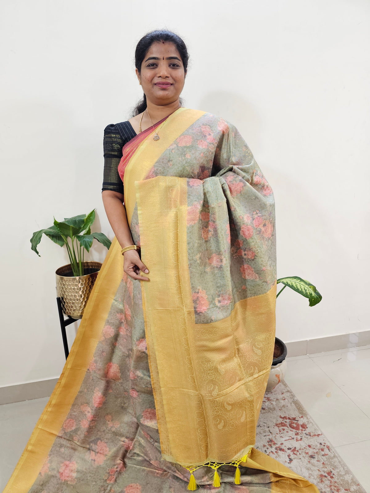 Semi Banarasi Soft Silk Saree - Green with Yellow