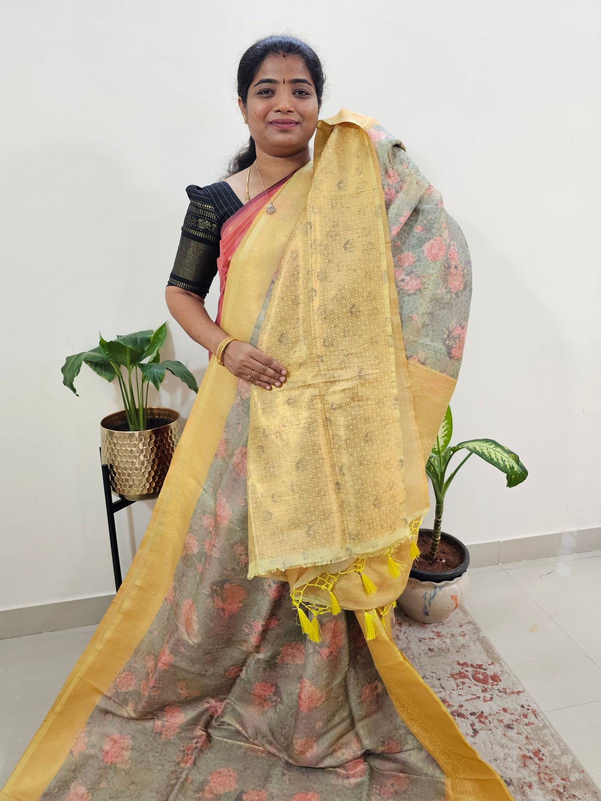 Semi Banarasi Soft Silk Saree - Green with Yellow