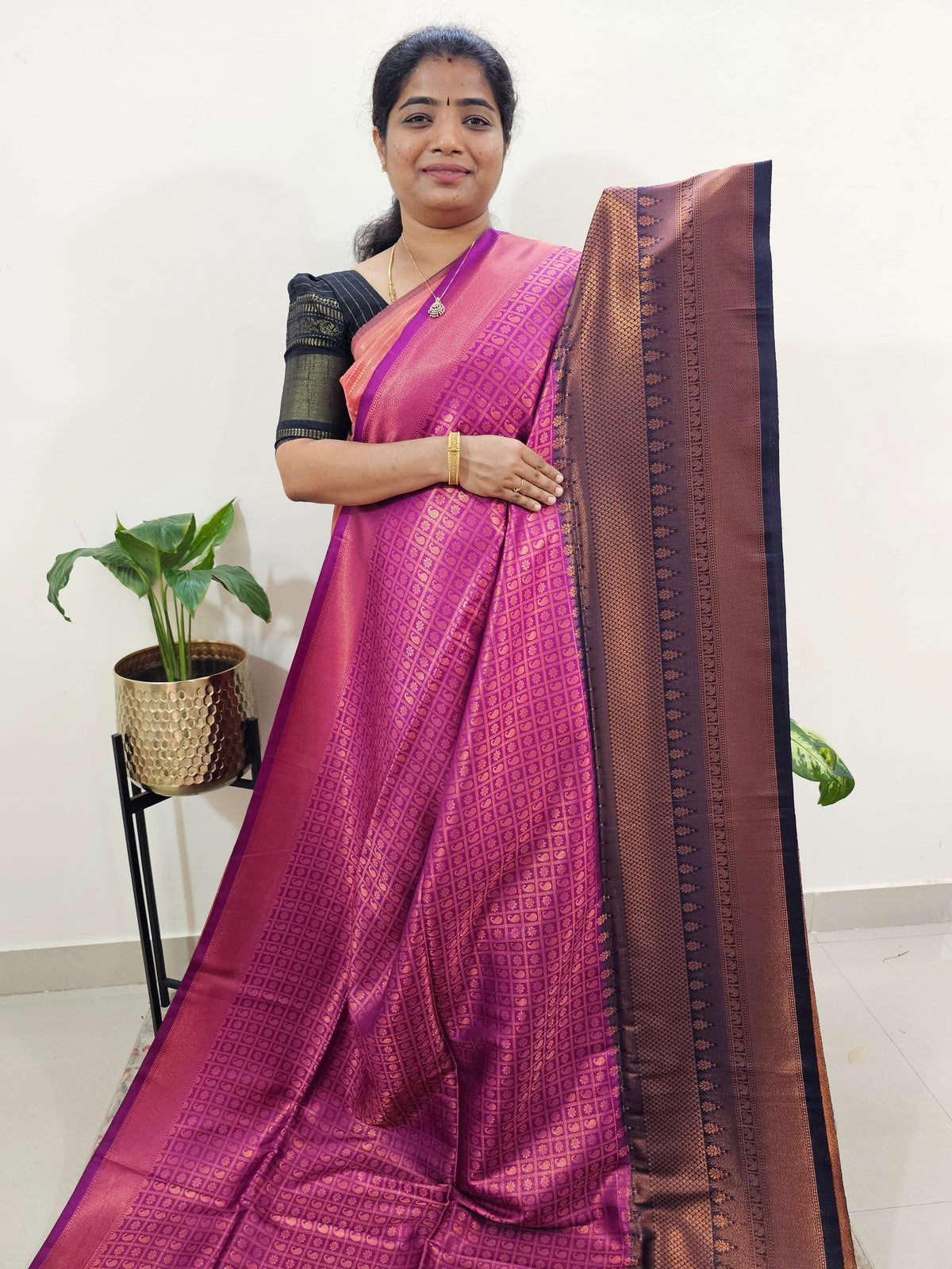 Semi Banarasi Soft Silk Saree - Magenta Pink with Blue