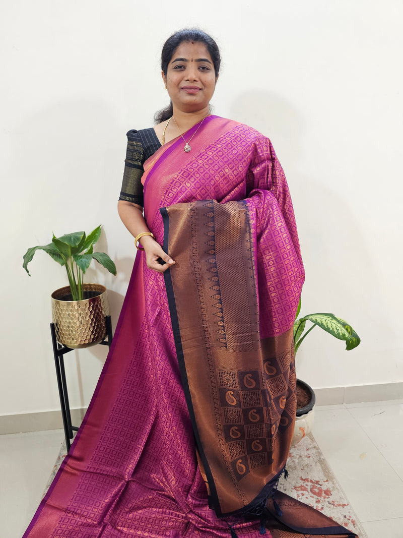 Semi Banarasi Soft Silk Saree - Magenta Pink with Blue