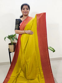 Semi Banarasi Soft Silk Saree - Mustard Yellow with Red