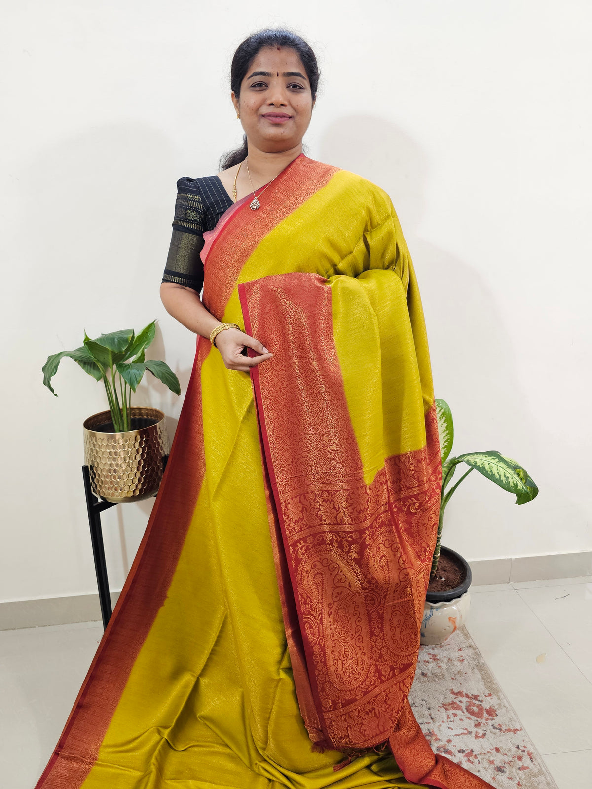 Semi Banarasi Soft Silk Saree - Mustard Yellow with Red