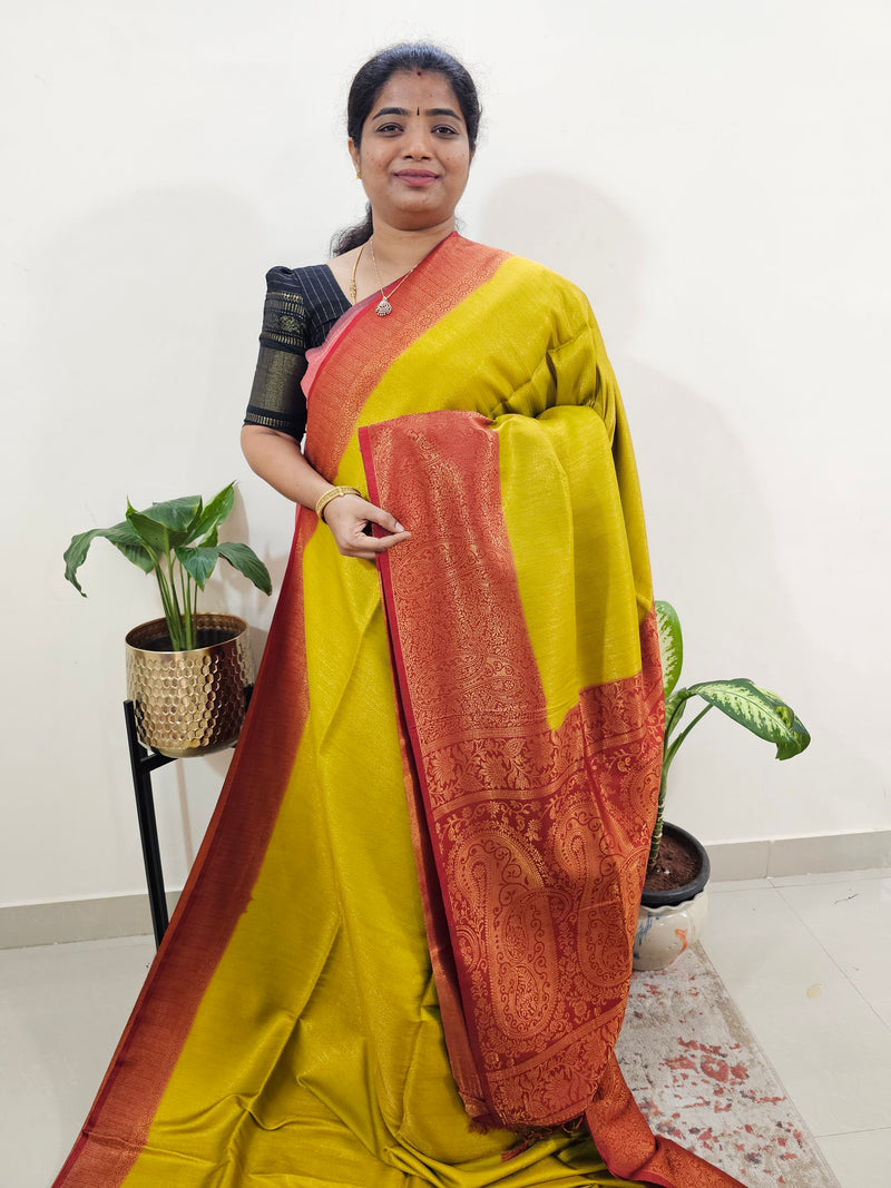 Semi Banarasi Soft Silk Saree - Mustard Yellow with Red