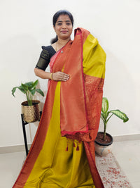 Semi Banarasi Soft Silk Saree - Mustard Yellow with Red