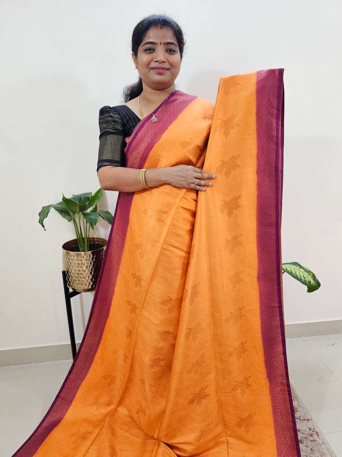 Semi Banarasi Soft Silk Saree - Orange with Dark Purple