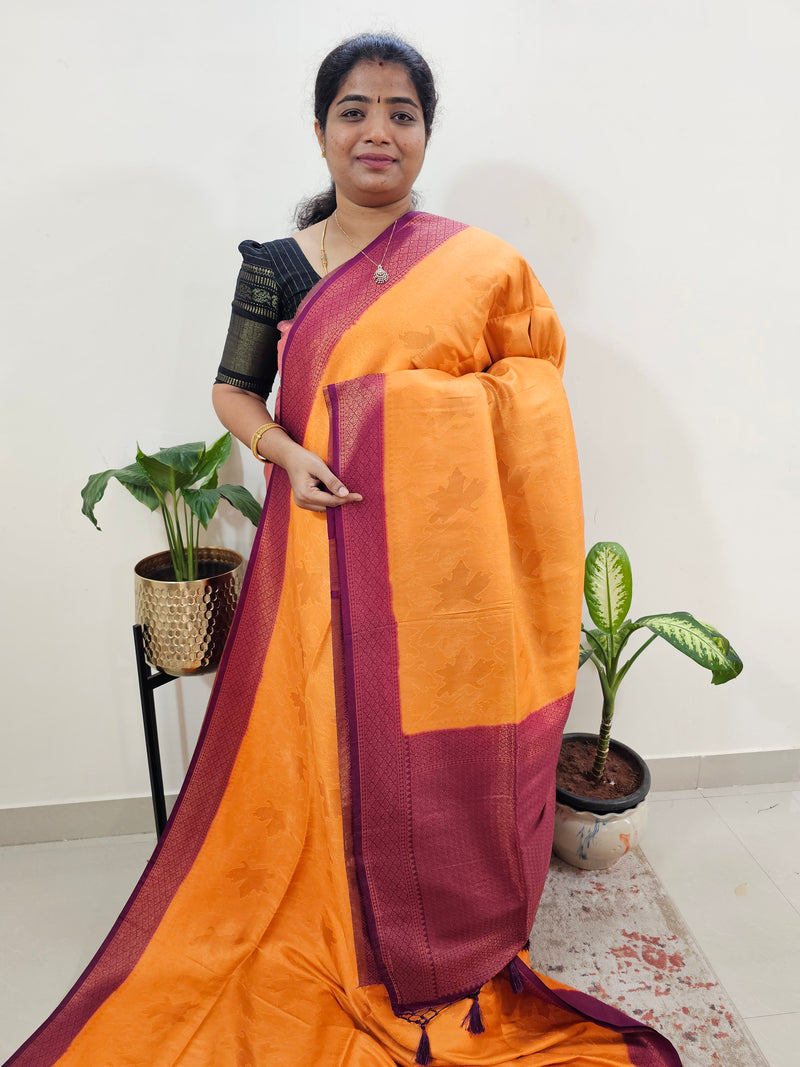 Semi Banarasi Soft Silk Saree - Orange with Dark Purple