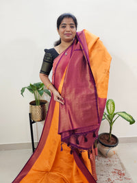 Semi Banarasi Soft Silk Saree - Orange with Dark Purple