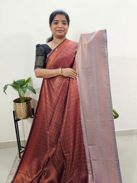 Semi Banarasi Soft Silk Saree - Dark Maroon with Grey