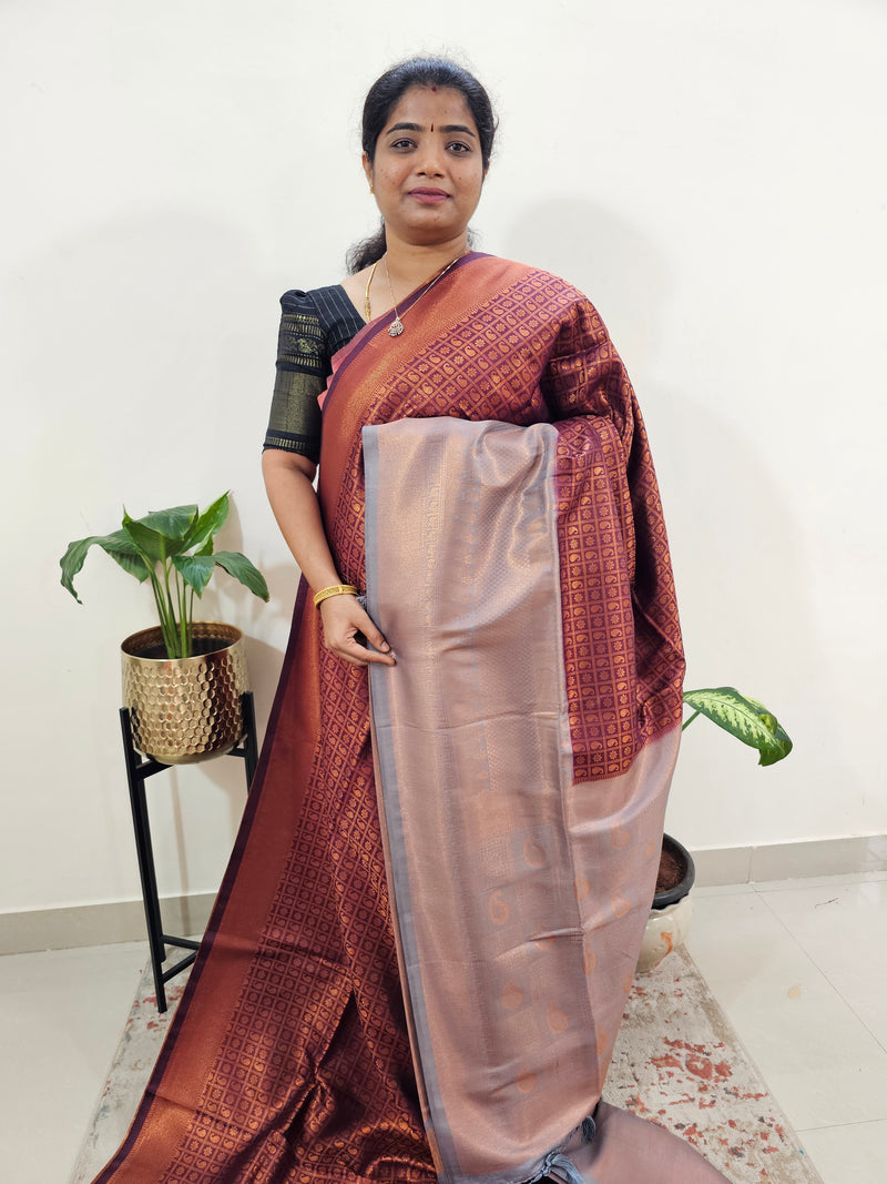 Semi Banarasi Soft Silk Saree - Dark Maroon with Grey