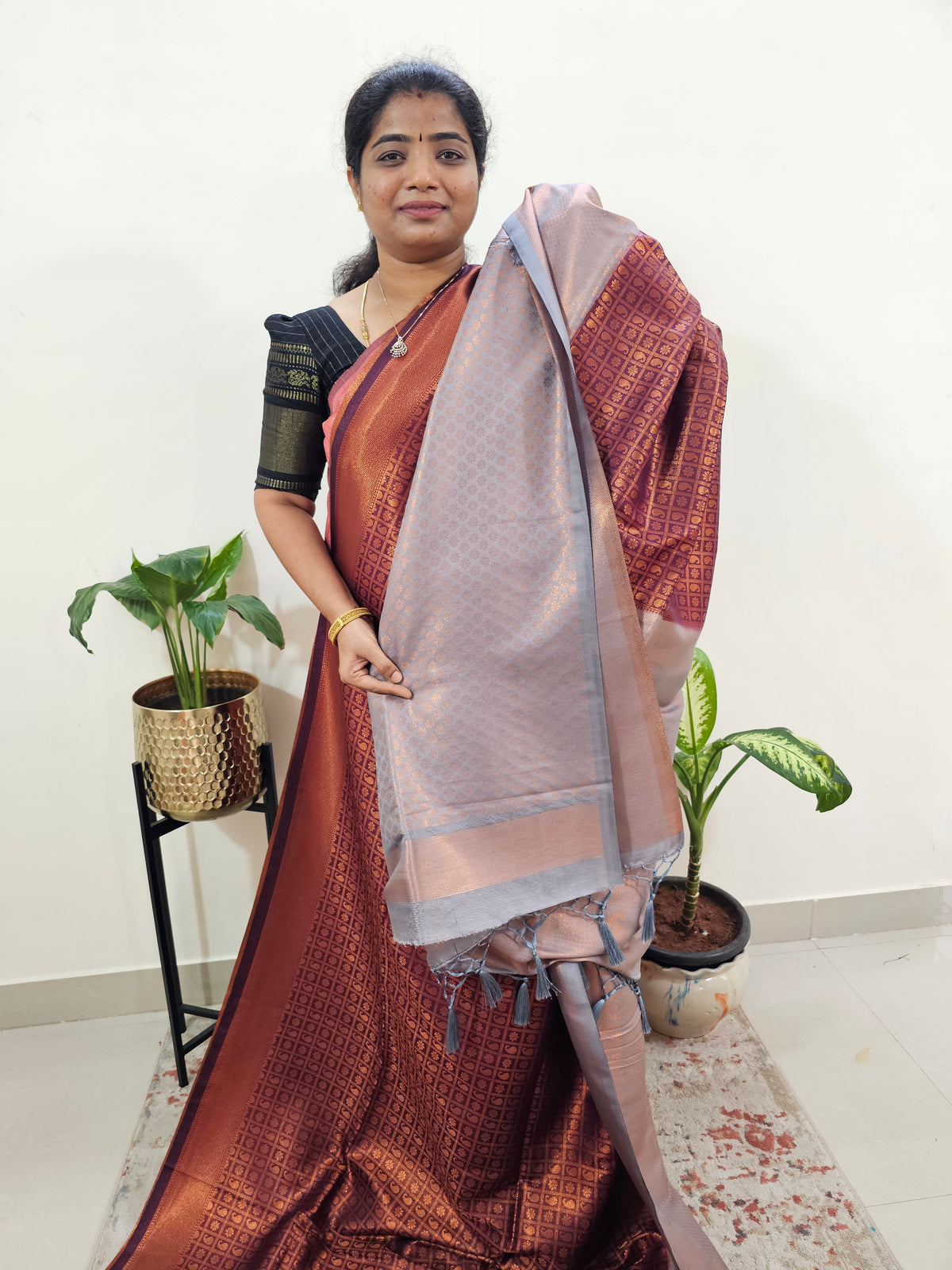 Semi Banarasi Soft Silk Saree - Dark Maroon with Grey