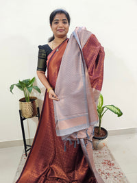 Semi Banarasi Soft Silk Saree - Dark Maroon with Grey
