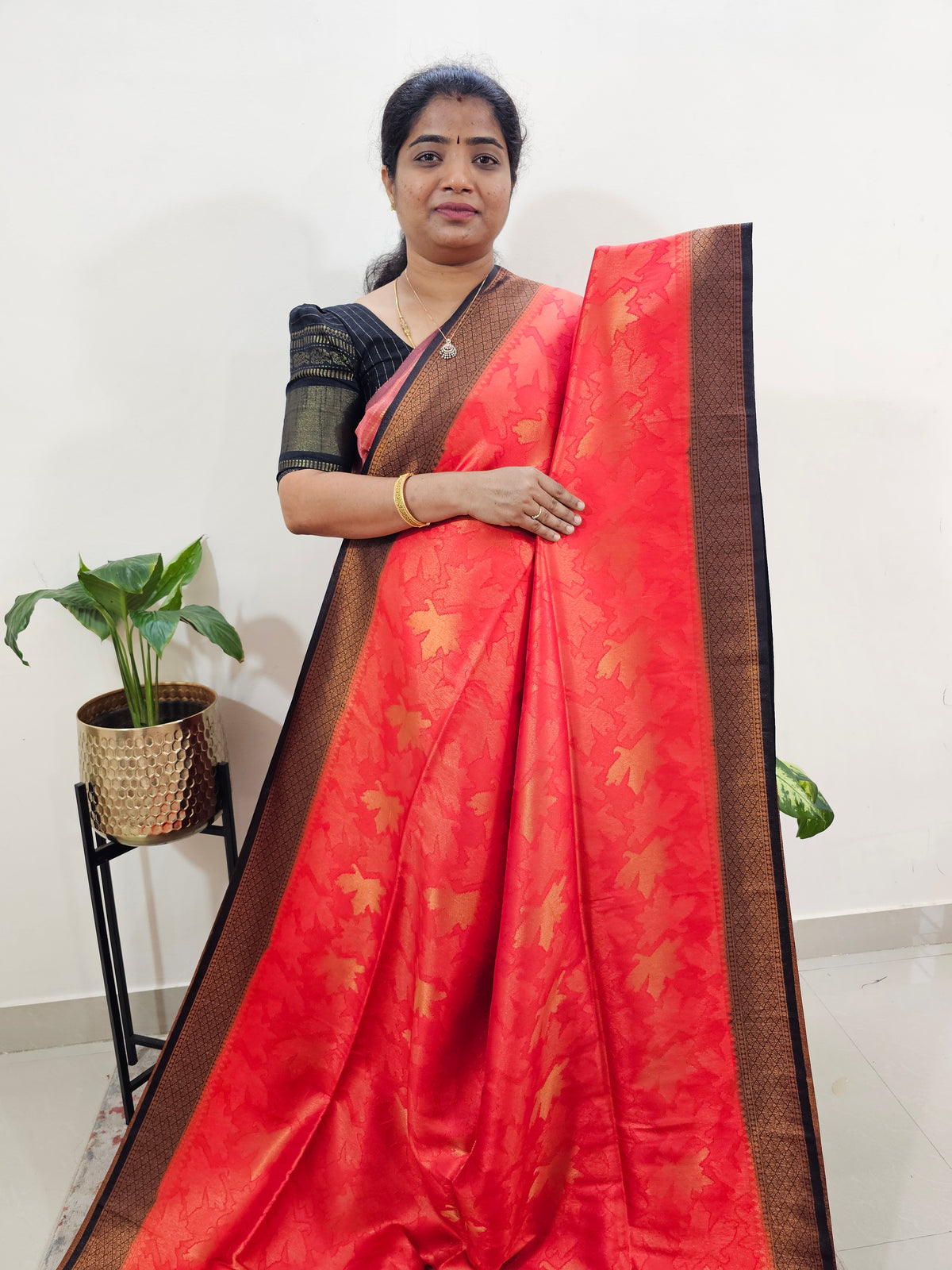 Semi Banarasi Soft Silk Saree - Red with Black