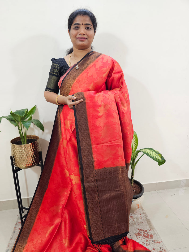 Semi Banarasi Soft Silk Saree - Red with Black