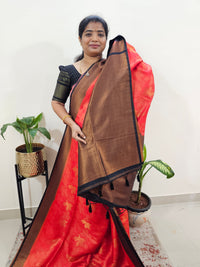 Semi Banarasi Soft Silk Saree - Red with Black