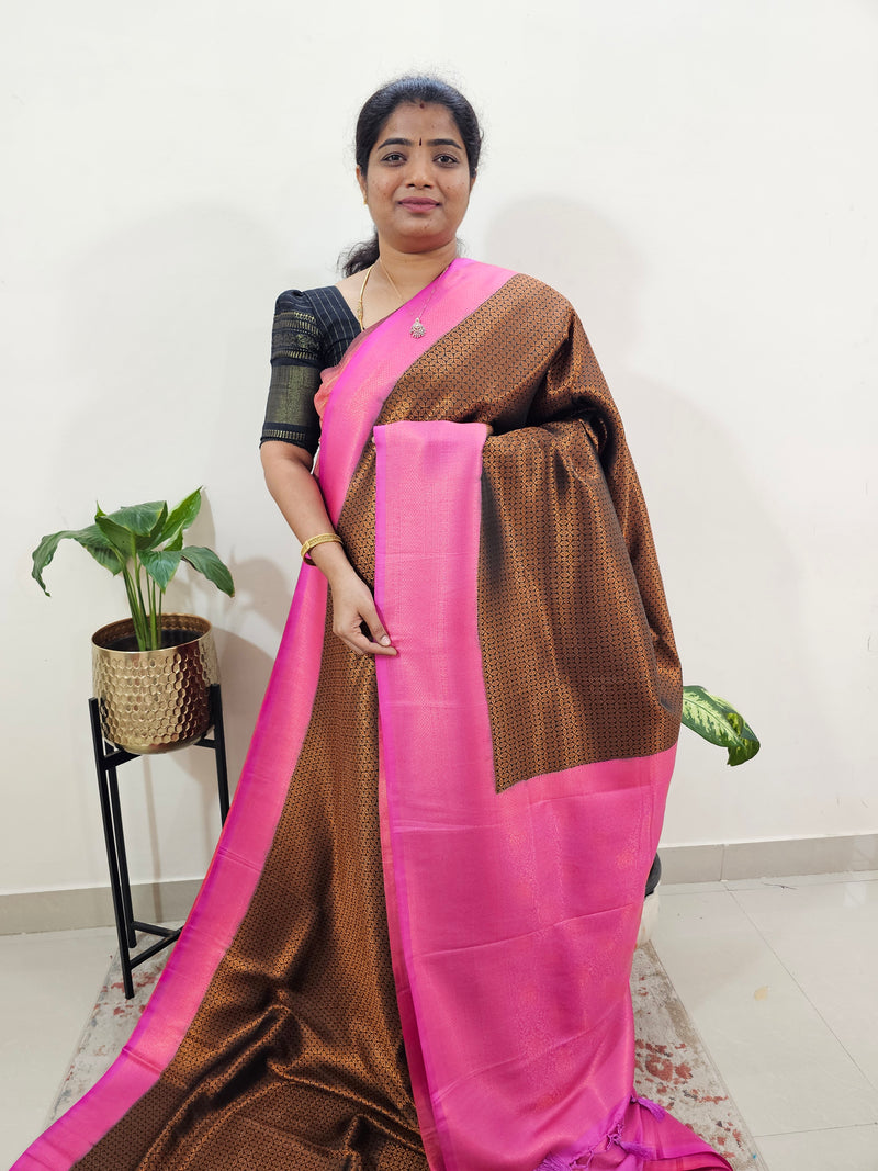 Semi Banarasi Soft Silk Saree - Dark Green with Pink