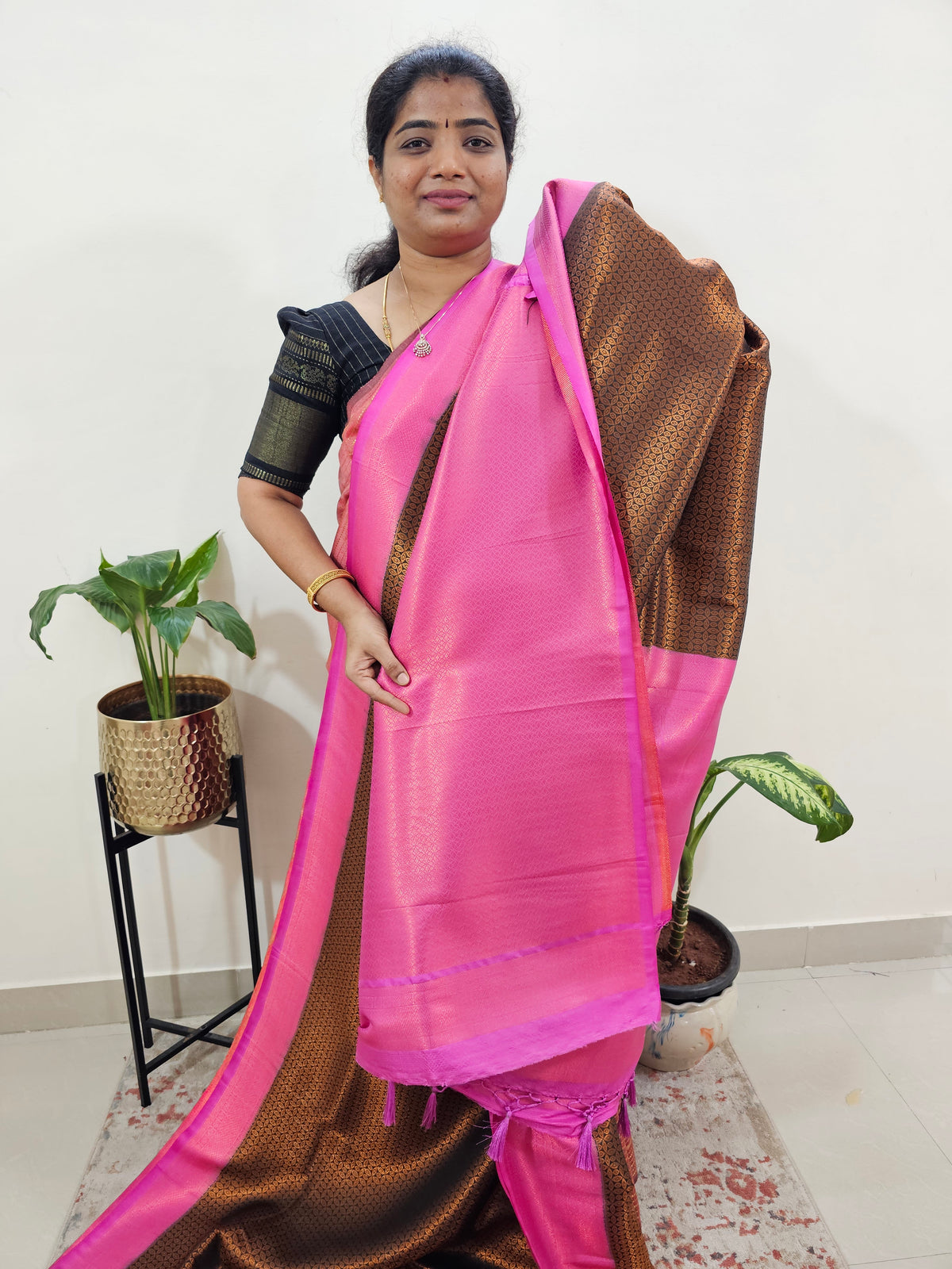 Semi Banarasi Soft Silk Saree - Dark Green with Pink