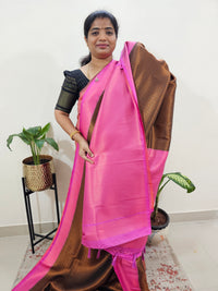Semi Banarasi Soft Silk Saree - Dark Green with Pink