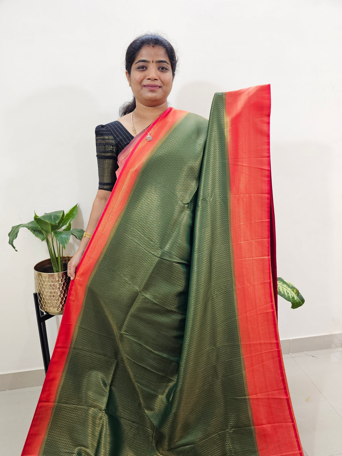 Semi Banarasi Soft Silk Saree - Green with Red