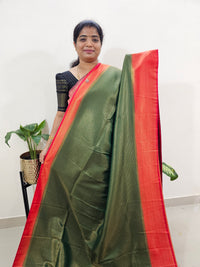 Semi Banarasi Soft Silk Saree - Green with Red