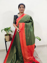 Semi Banarasi Soft Silk Saree - Green with Red