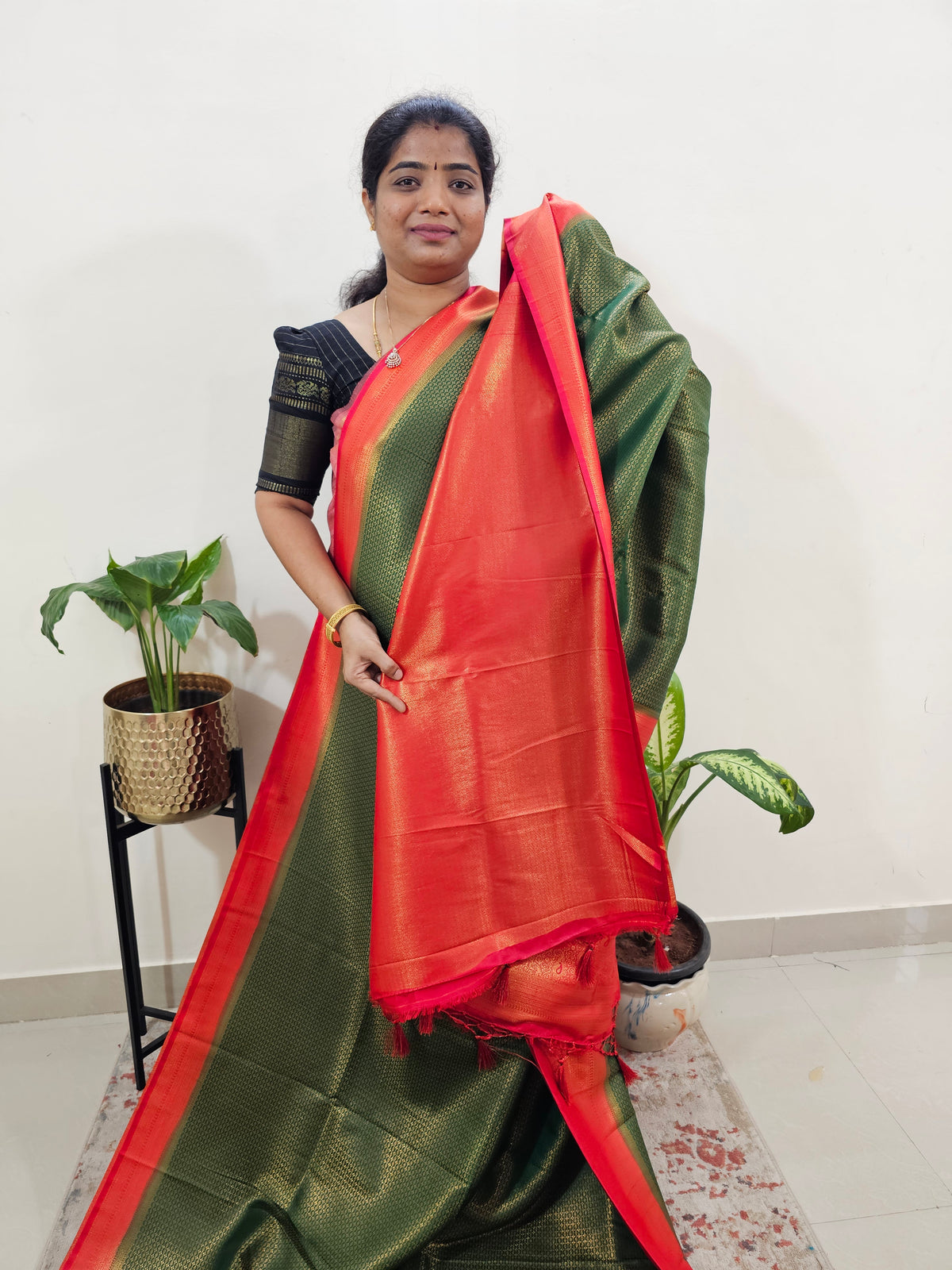 Semi Banarasi Soft Silk Saree - Green with Red