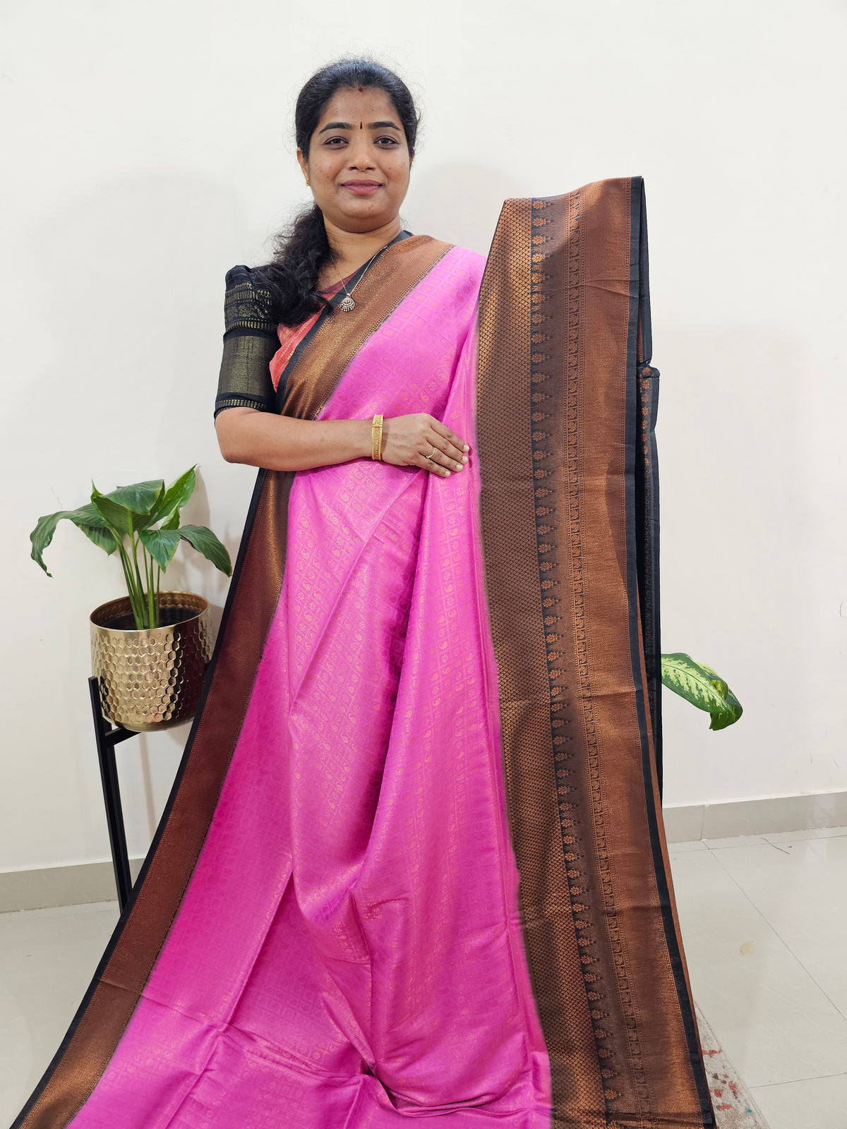 Semi Banarasi Soft Silk Saree - Pink with Dark Green