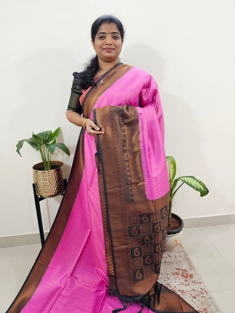 Semi Banarasi Soft Silk Saree - Pink with Dark Green