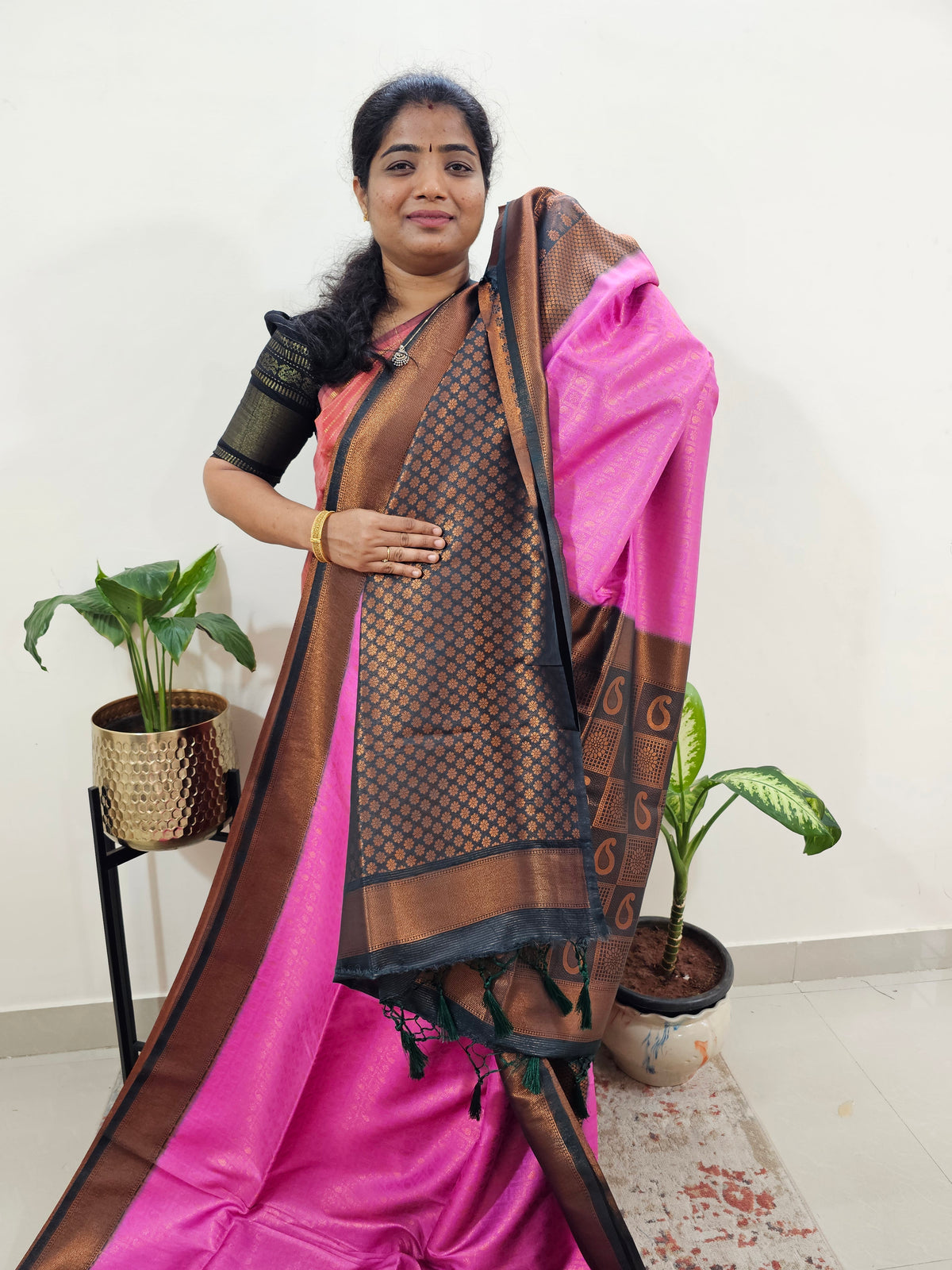 Semi Banarasi Soft Silk Saree - Pink with Dark Green