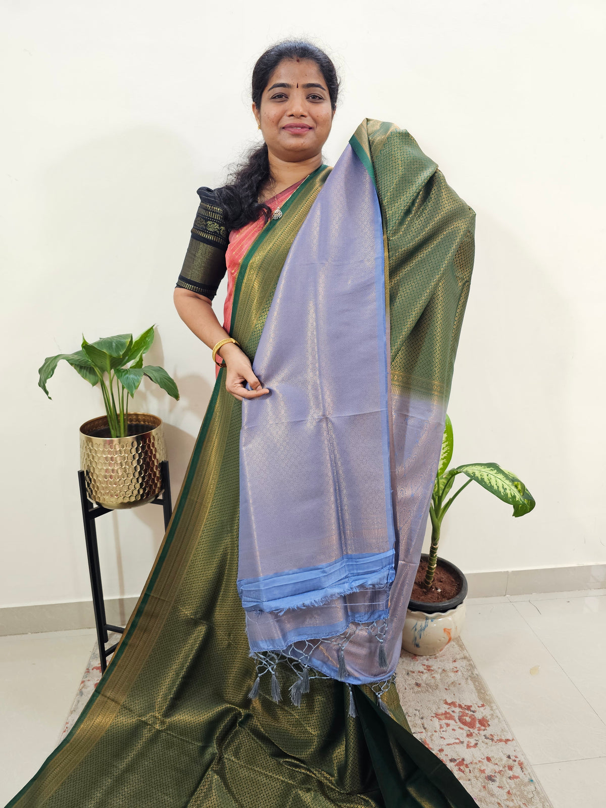 Semi Banarasi Soft Silk Saree - Green with Grey
