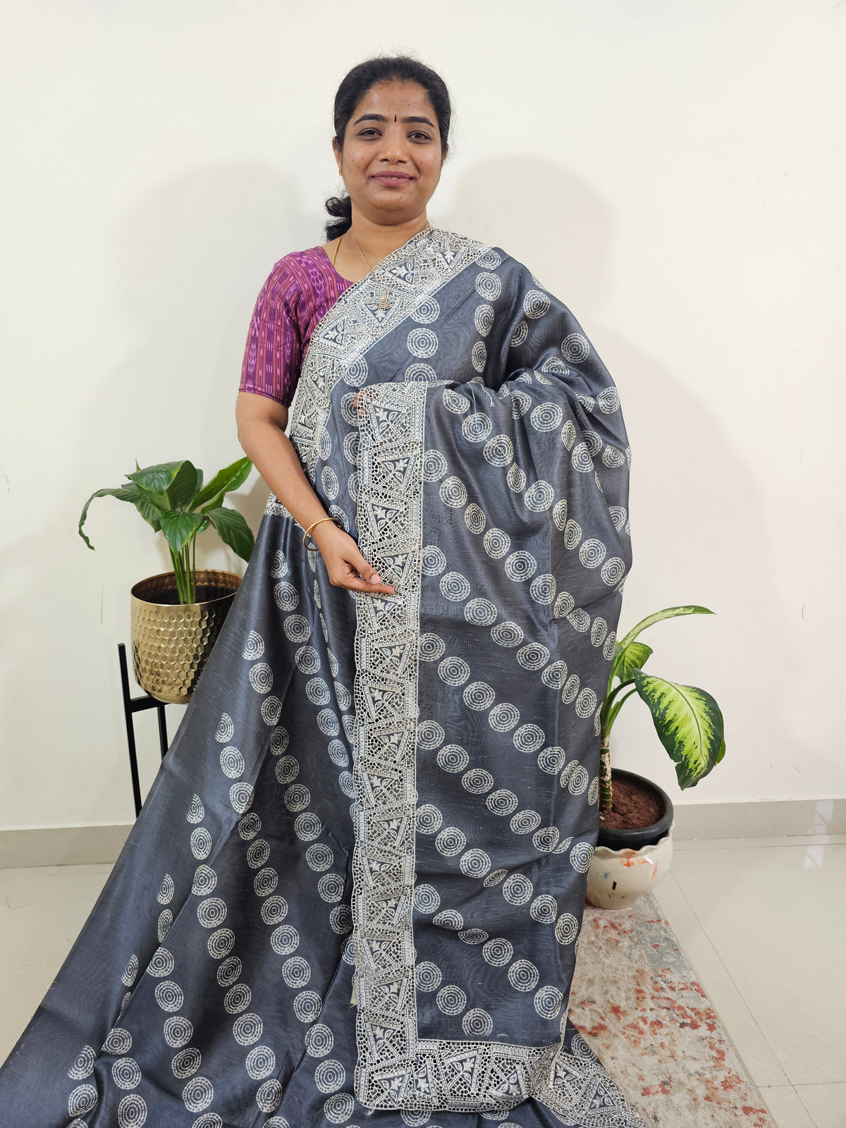 Semi Tussar with Cut Work Saree - Grey