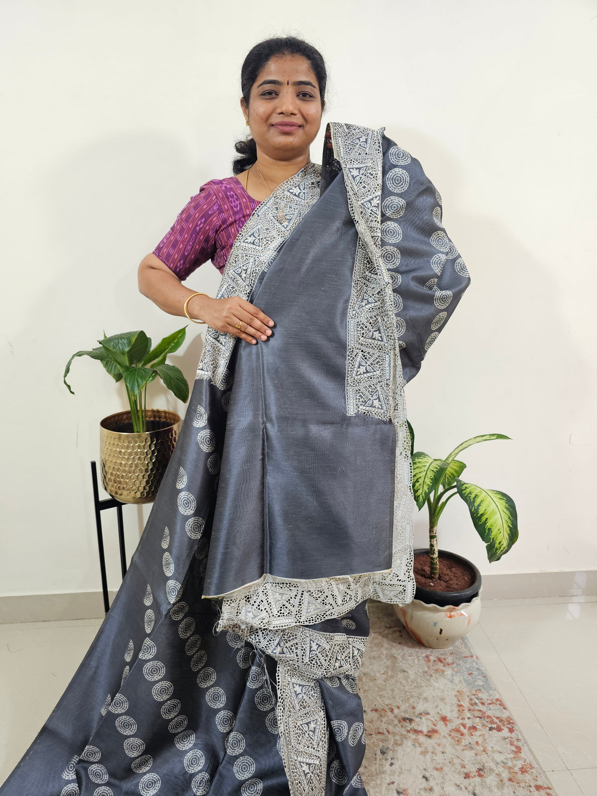 Semi Tussar with Cut Work Saree - Grey