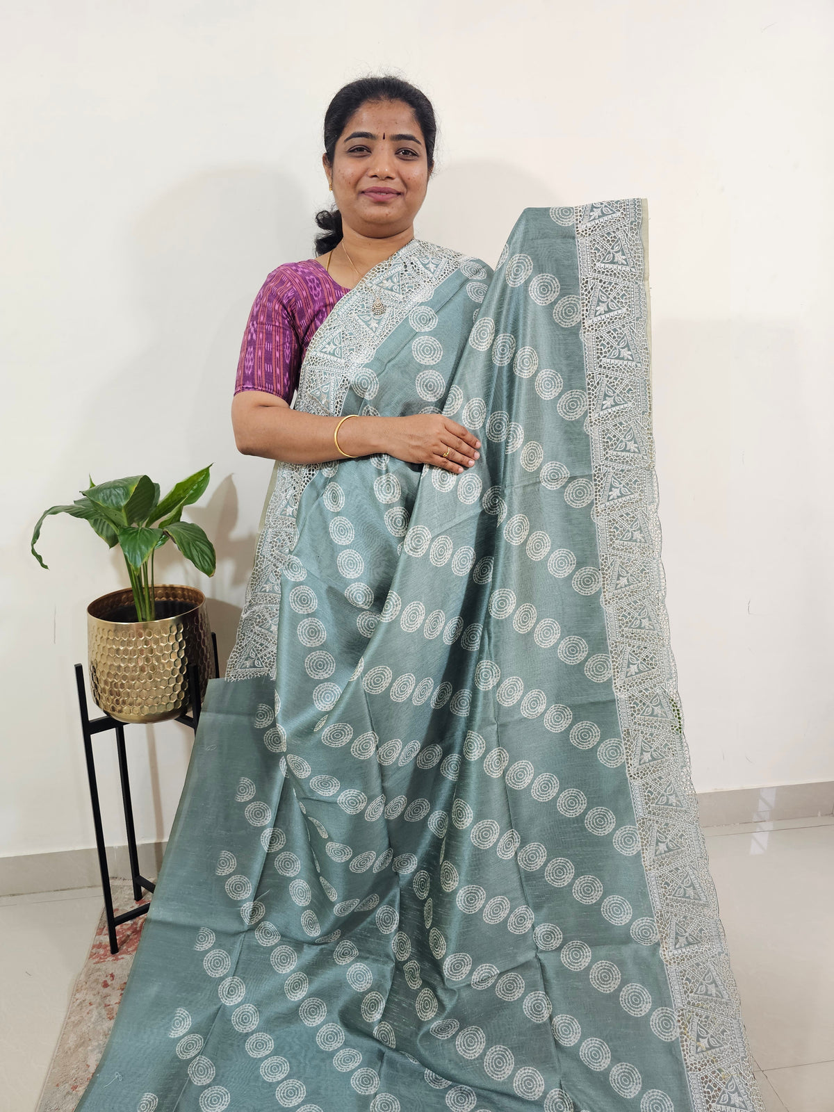 Semi Tussar with Cut Work Saree - Sea Green