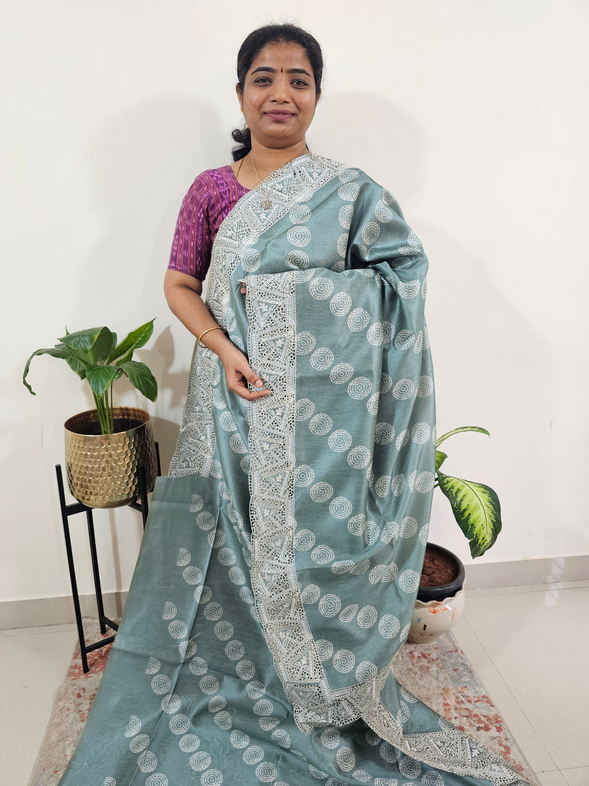 Semi Tussar with Cut Work Saree - Sea Green