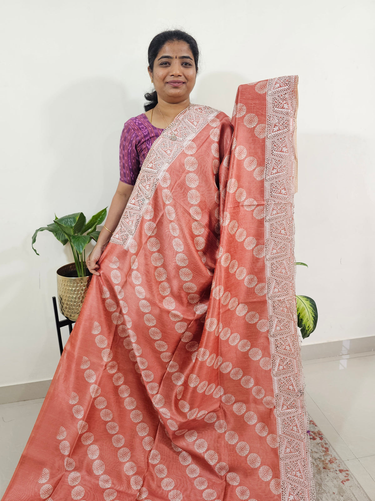 Semi Tussar with Cut Work Saree - Rust Orange